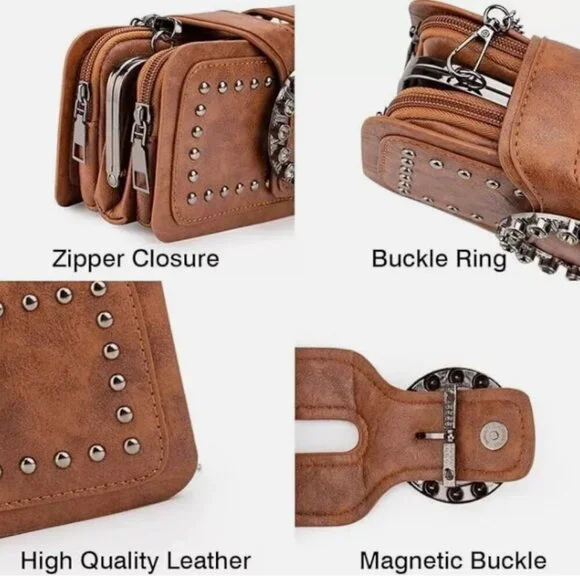 Brown Studded Bag Rhinestone Buckle Chain Crossbody Punk Goth Rocker Purse - Picture 6 of 9